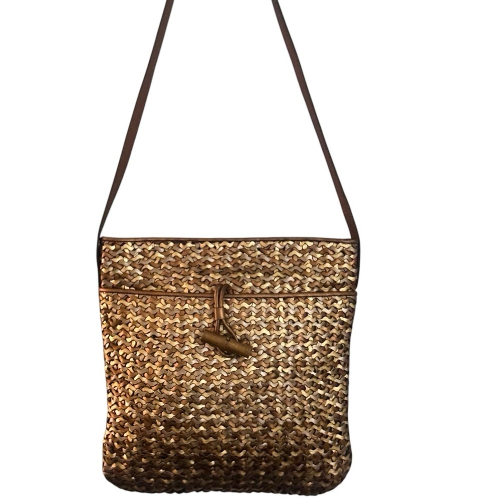 Vintage CEM Gold Metallic  Woven Leather Shoulder Purse Bag Basketweave